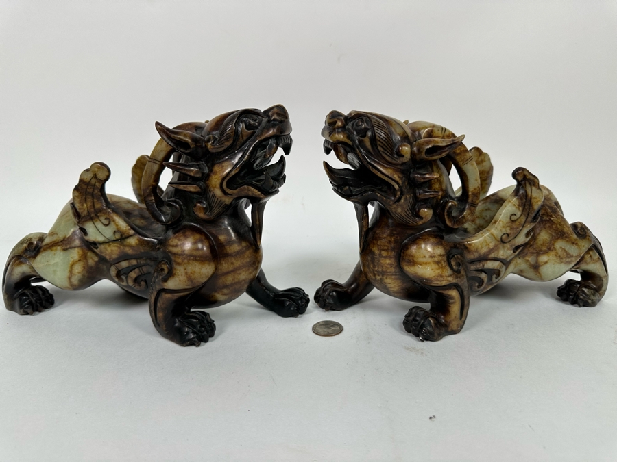 Pair Of Vintage Chinese Carved Jade Stone Foo Dogs (One Leg Has Been Repaired - See Photos) 11W X 3.5D X 6.5H [Photo 4]