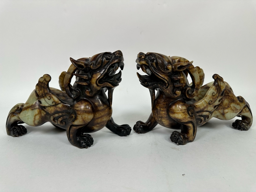 Pair Of Vintage Chinese Carved Jade Stone Foo Dogs (One Leg Has Been Repaired - See Photos) 11W X 3.5D X 6.5H [Photo 1]