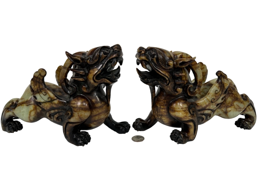 Pair Of Vintage Chinese Carved Jade Stone Foo Dogs (One Leg Has Been Repaired - See Photos) 11W X 3.5D X 6.5H [Photo 2]