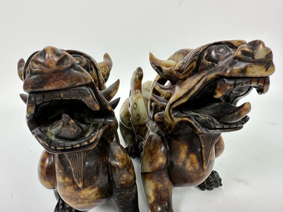 Pair Of Vintage Chinese Carved Jade Stone Foo Dogs (One Leg Has Been Repaired - See Photos) 11W X 3.5D X 6.5H [Photo 22]