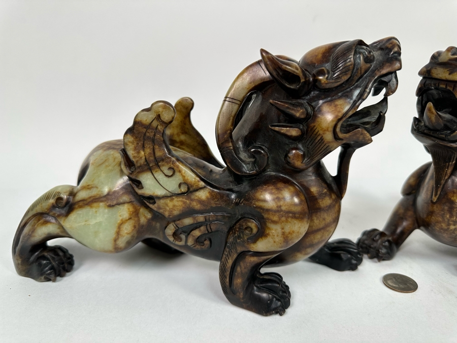 Pair Of Vintage Chinese Carved Jade Stone Foo Dogs (One Leg Has Been Repaired - See Photos) 11W X 3.5D X 6.5H [Photo 5]