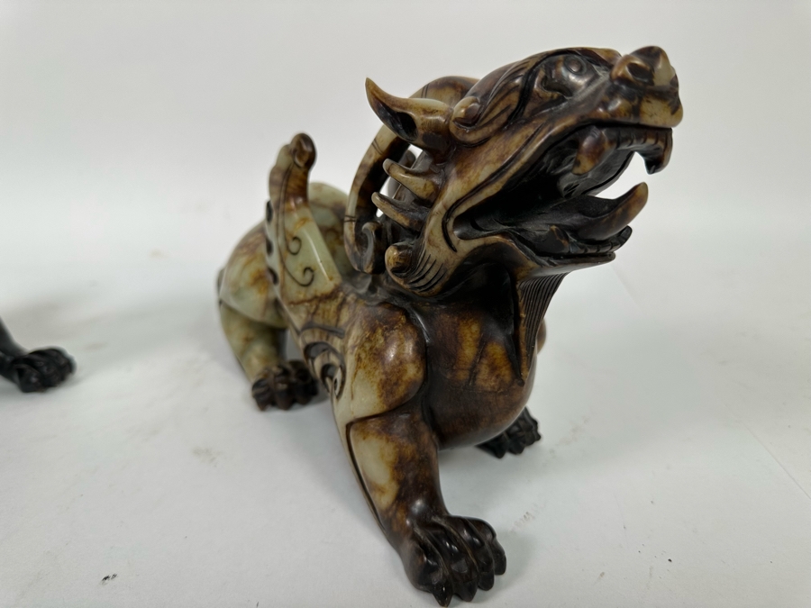 Pair Of Vintage Chinese Carved Jade Stone Foo Dogs (One Leg Has Been Repaired - See Photos) 11W X 3.5D X 6.5H [Photo 13]