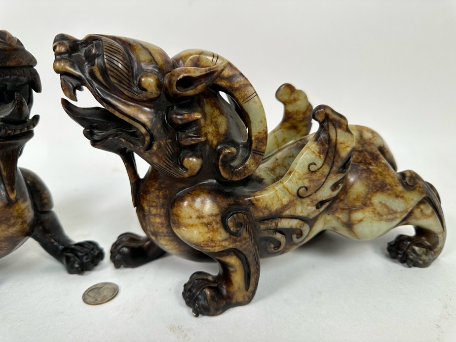 Pair Of Vintage Chinese Carved Jade Stone Foo Dogs (One Leg Has Been Repaired - See Photos) 11W X 3.5D X 6.5H [Photo 6]