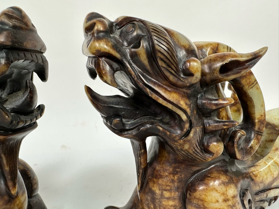 Pair Of Vintage Chinese Carved Jade Stone Foo Dogs (One Leg Has Been Repaired - See Photos) 11W X 3.5D X 6.5H [Photo 9]