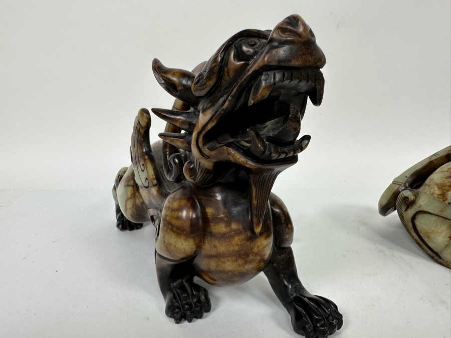 Pair Of Vintage Chinese Carved Jade Stone Foo Dogs (One Leg Has Been Repaired - See Photos) 11W X 3.5D X 6.5H [Photo 14]