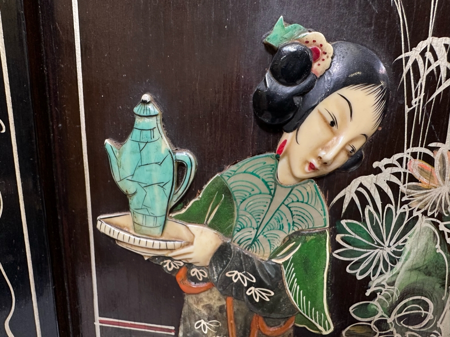 Stunning 4-Panel Japanese Wooden Room Divider Screen With Applied Semi-Precious Stone Carvings 70W X 71H [Photo 15]