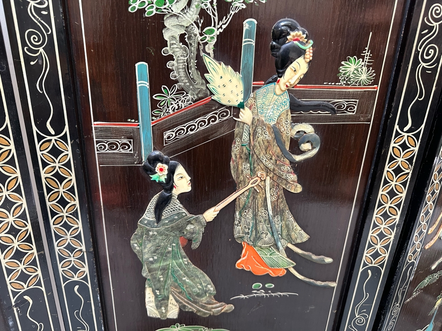 Stunning 4-Panel Japanese Wooden Room Divider Screen With Applied Semi-Precious Stone Carvings 70W X 71H [Photo 7]