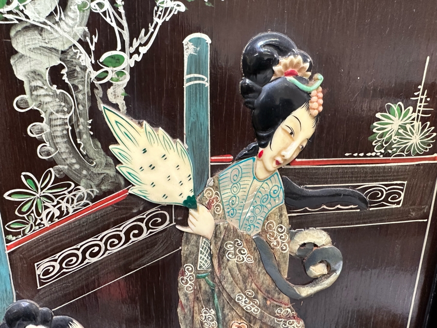 Stunning 4-Panel Japanese Wooden Room Divider Screen With Applied Semi-Precious Stone Carvings 70W X 71H [Photo 8]