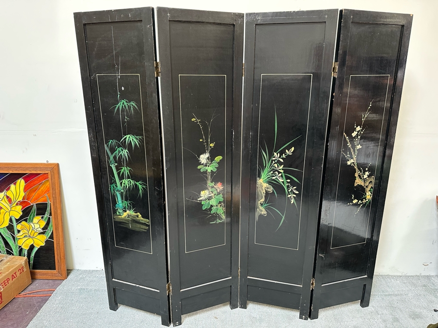 Stunning 4-Panel Japanese Wooden Room Divider Screen With Applied Semi-Precious Stone Carvings 70W X 71H [Photo 21]