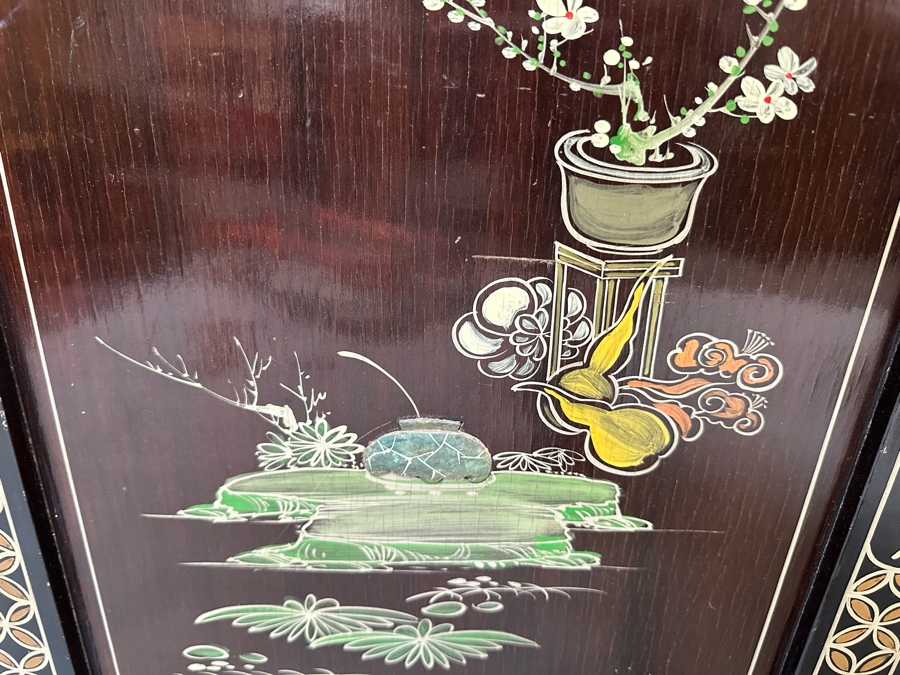 Stunning 4-Panel Japanese Wooden Room Divider Screen With Applied Semi-Precious Stone Carvings 70W X 71H [Photo 11]