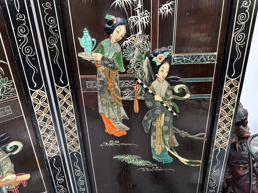 Stunning 4-Panel Japanese Wooden Room Divider Screen With Applied Semi-Precious Stone Carvings 70W X 71H [Photo 14]