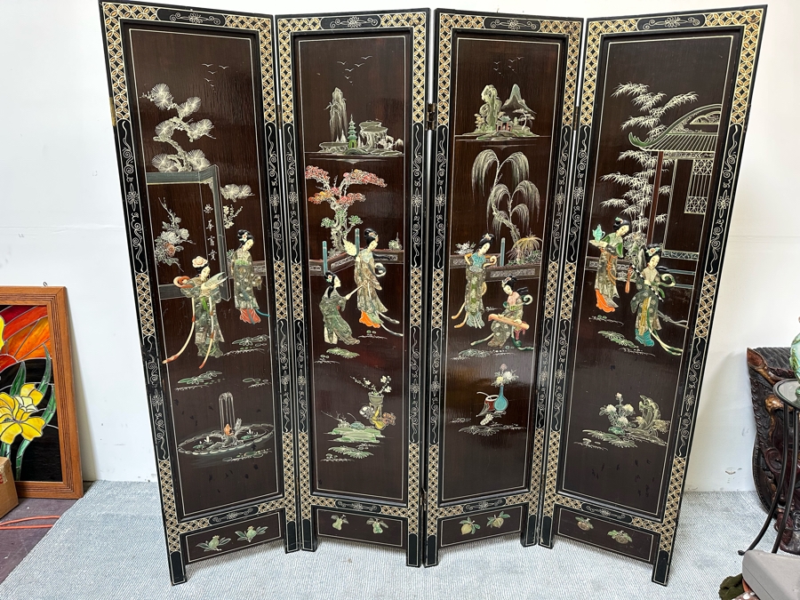 Stunning 4-Panel Japanese Wooden Room Divider Screen With Applied Semi-Precious Stone Carvings 70W X 71H [Photo 2]