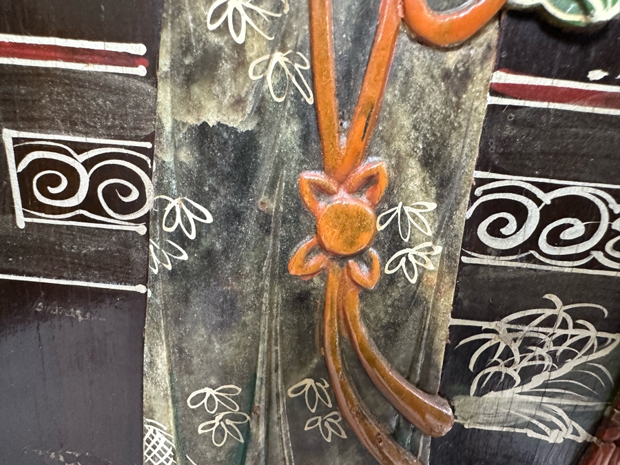 Stunning 4-Panel Japanese Wooden Room Divider Screen With Applied Semi-Precious Stone Carvings 70W X 71H [Photo 17]