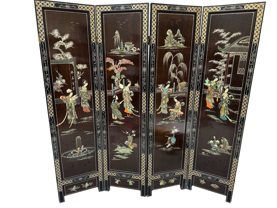 Stunning 4-Panel Japanese Wooden Room Divider Screen With Applied Semi-Precious Stone Carvings 70W X 71H