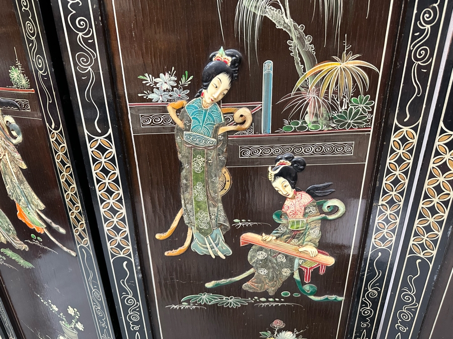 Stunning 4-Panel Japanese Wooden Room Divider Screen With Applied Semi-Precious Stone Carvings 70W X 71H [Photo 12]