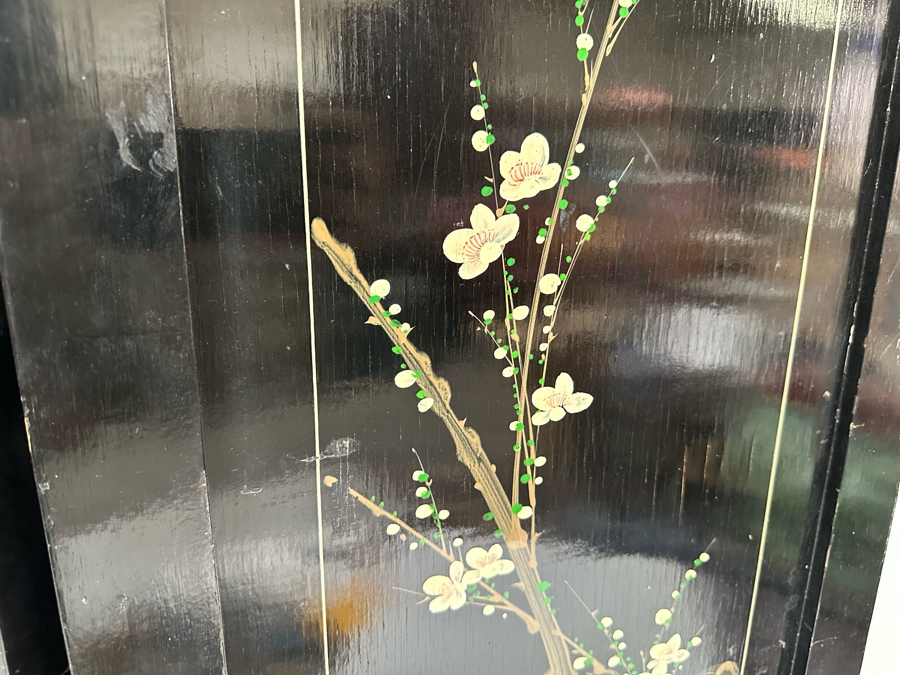 Stunning 4-Panel Japanese Wooden Room Divider Screen With Applied Semi-Precious Stone Carvings 70W X 71H [Photo 22]