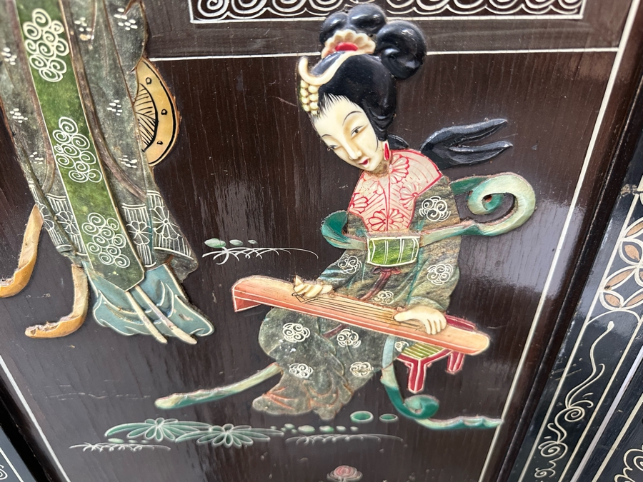 Stunning 4-Panel Japanese Wooden Room Divider Screen With Applied Semi-Precious Stone Carvings 70W X 71H [Photo 13]