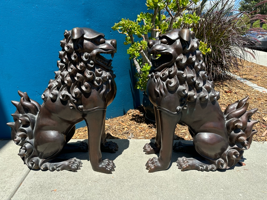 Pair Of Bronze Foo Dog Sculptures Heavy 25W X 12D X 30H [Photo 2]