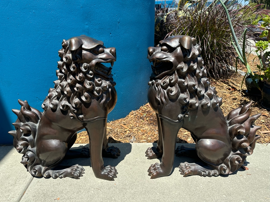 Pair Of Bronze Foo Dog Sculptures Heavy 25W X 12D X 30H