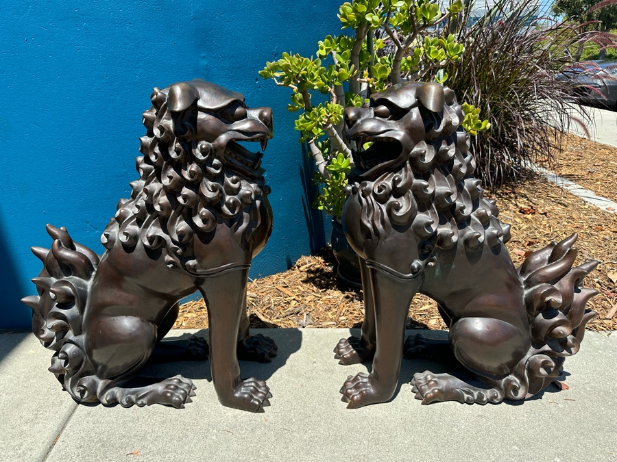 Pair Of Bronze Foo Dog Sculptures Heavy 25W X 12D X 30H [Photo 3]
