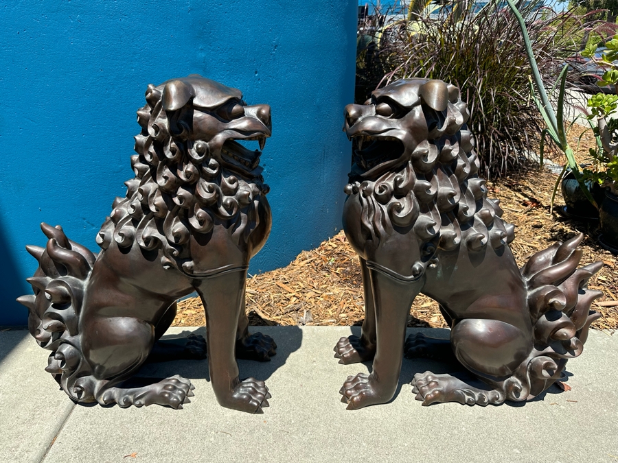 Pair Of Bronze Foo Dog Sculptures Heavy 25W X 12D X 30H [Photo 4]