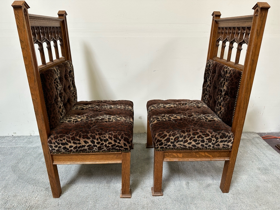 Stunning Pair Of Antique Gothic Carved Tiger Oak Chairs By Bergman Cabinet Mfg Co Seattle WA 27.5W X 23D X 50H [Photo 12]