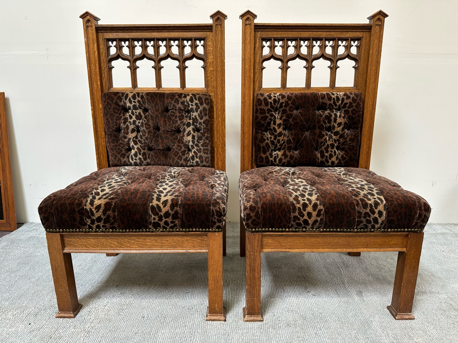 Stunning Pair Of Antique Gothic Carved Tiger Oak Chairs By Bergman Cabinet Mfg Co Seattle WA 27.5W X 23D X 50H [Photo 3]