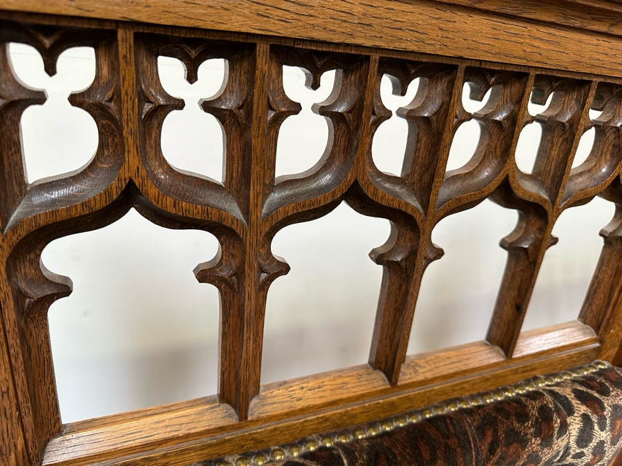 Stunning Pair Of Antique Gothic Carved Tiger Oak Chairs By Bergman Cabinet Mfg Co Seattle WA 27.5W X 23D X 50H [Photo 7]