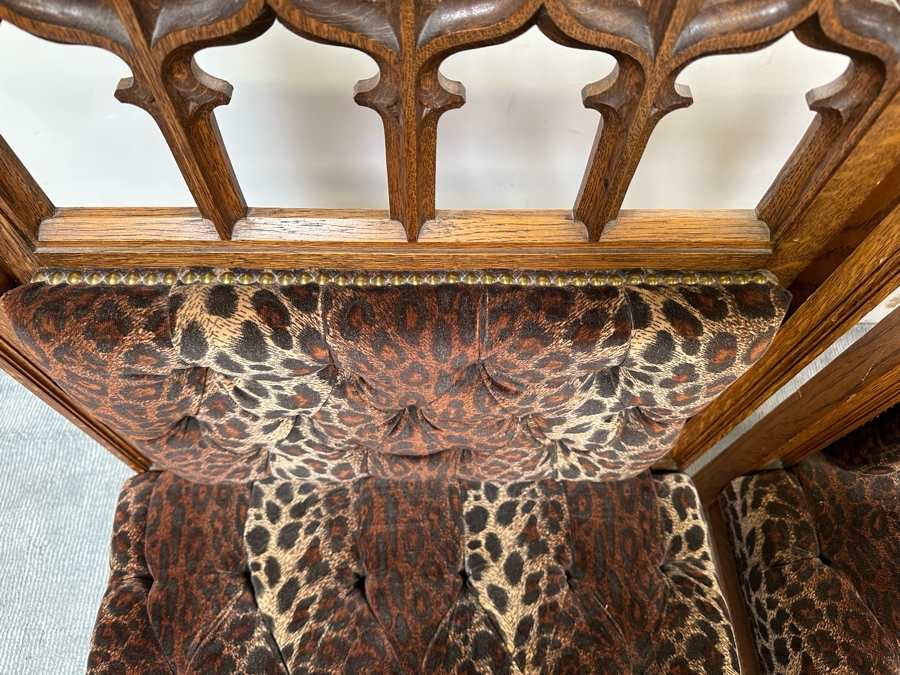 Stunning Pair Of Antique Gothic Carved Tiger Oak Chairs By Bergman Cabinet Mfg Co Seattle WA 27.5W X 23D X 50H [Photo 8]