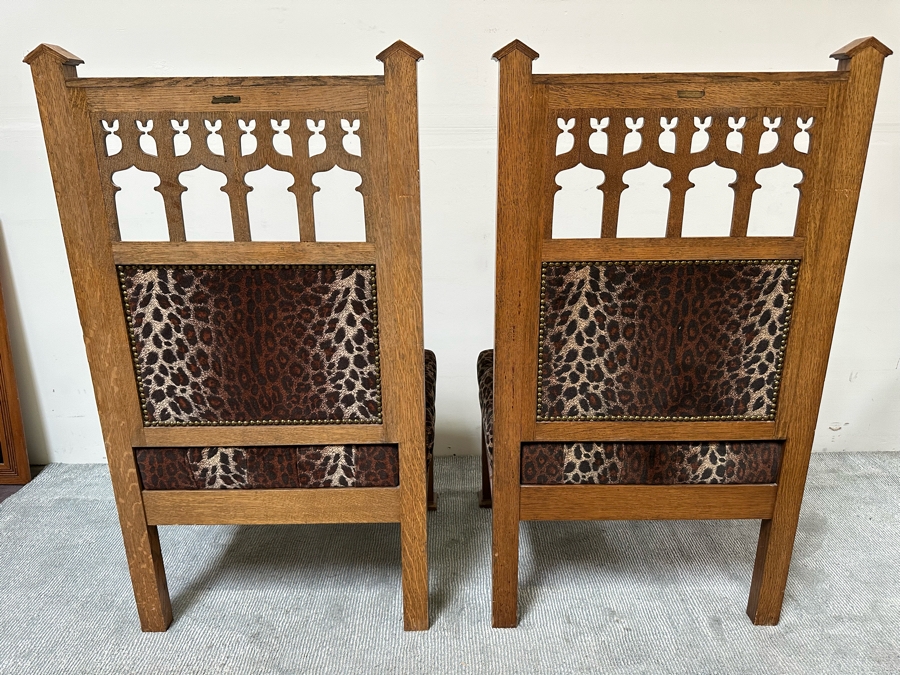 Stunning Pair Of Antique Gothic Carved Tiger Oak Chairs By Bergman Cabinet Mfg Co Seattle WA 27.5W X 23D X 50H [Photo 14]