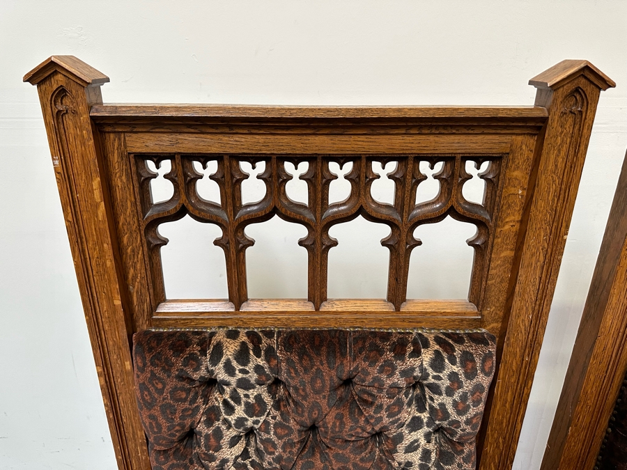 Stunning Pair Of Antique Gothic Carved Tiger Oak Chairs By Bergman Cabinet Mfg Co Seattle WA 27.5W X 23D X 50H [Photo 5]