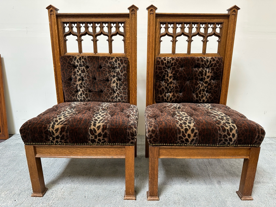 Stunning Pair Of Antique Gothic Carved Tiger Oak Chairs By Bergman Cabinet Mfg Co Seattle WA 27.5W X 23D X 50H [Photo 2]