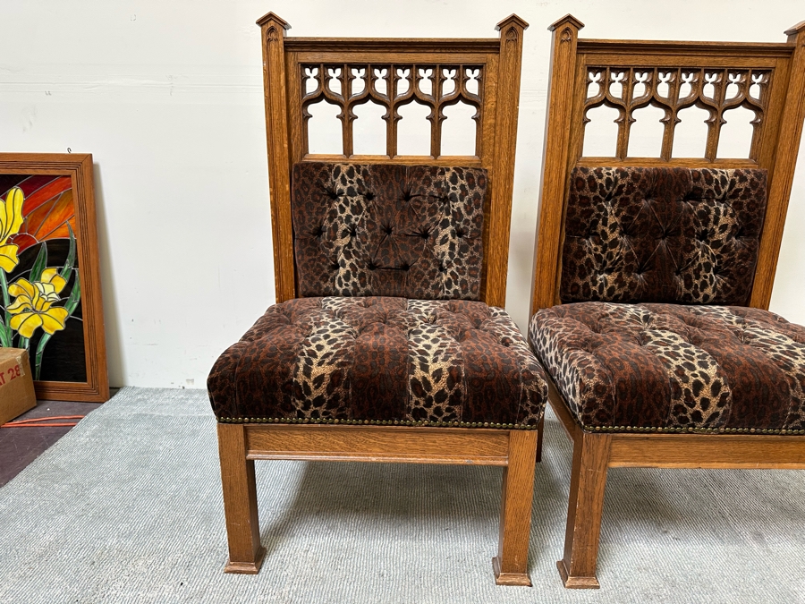Stunning Pair Of Antique Gothic Carved Tiger Oak Chairs By Bergman Cabinet Mfg Co Seattle WA 27.5W X 23D X 50H [Photo 4]