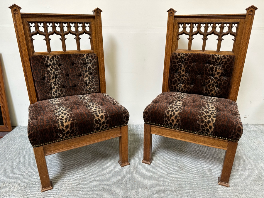 Stunning Pair Of Antique Gothic Carved Tiger Oak Chairs By Bergman Cabinet Mfg Co Seattle WA 27.5W X 23D X 50H [Photo 10]