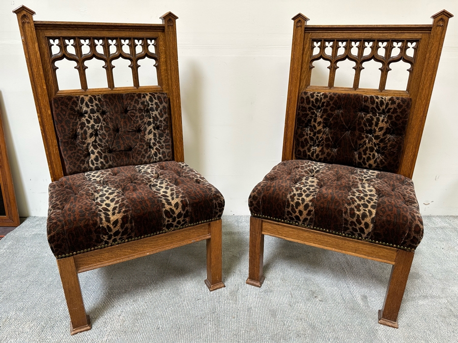 Stunning Pair Of Antique Gothic Carved Tiger Oak Chairs By Bergman Cabinet Mfg Co Seattle WA 27.5W X 23D X 50H [Photo 11]