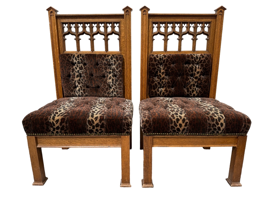 Stunning Pair Of Antique Gothic Carved Tiger Oak Chairs By Bergman Cabinet Mfg Co Seattle WA 27.5W X 23D X 50H [Photo 1]