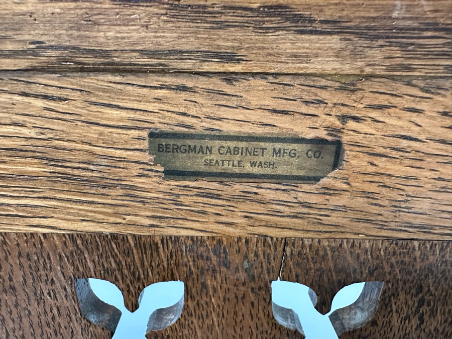 Stunning Pair Of Antique Gothic Carved Tiger Oak Chairs By Bergman Cabinet Mfg Co Seattle WA 27.5W X 23D X 50H [Photo 17]