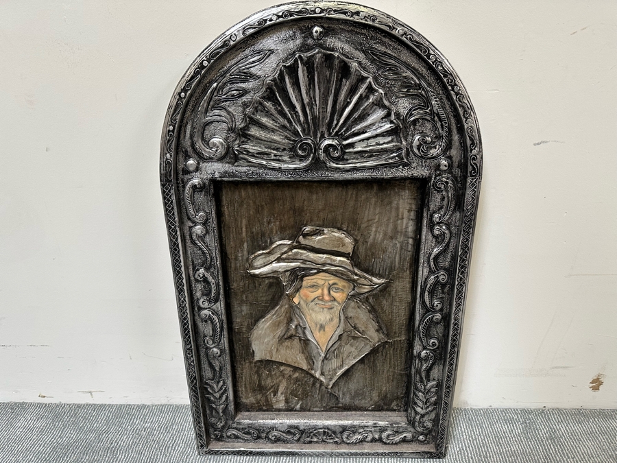 Bas-Relief Metal Frame Overlaid Original Painting Of Man 24 X 40 [Photo 3]