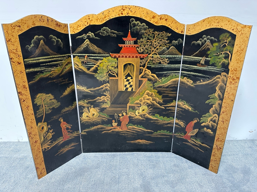 Small Hand Painted Japanese 3-Panel Fireplace Screen 64W X 48H [Photo 3]
