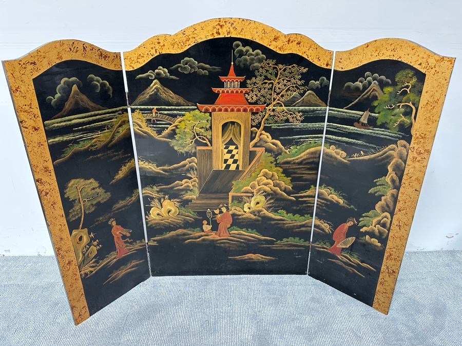Small Hand Painted Japanese 3-Panel Fireplace Screen 64W X 48H [Photo 2]