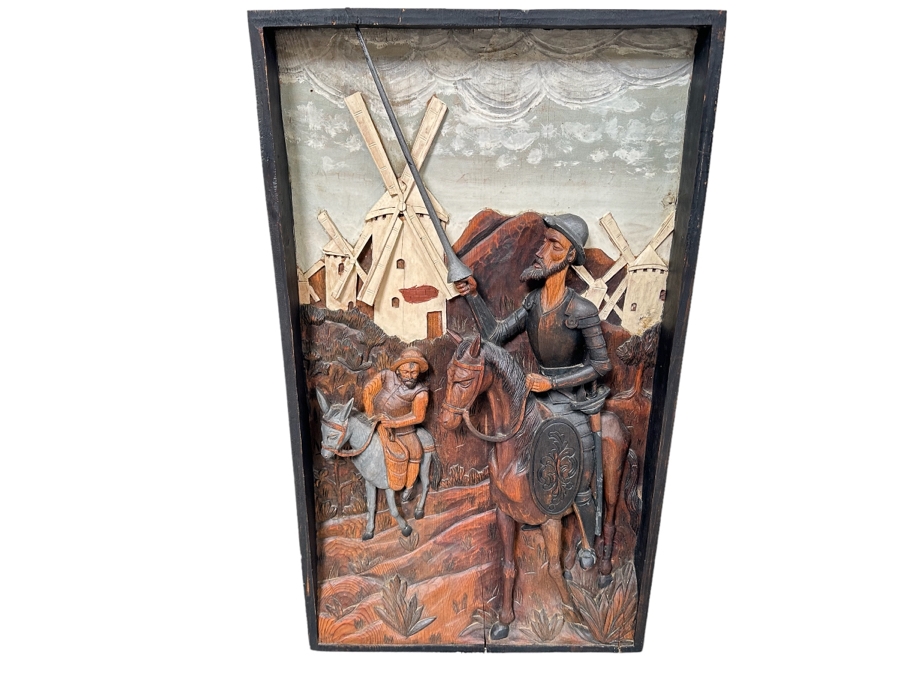Original Relief Carved Wooden Wall Plaque Artwork Depicting Scene From Don Quixote 22W X 3D X 39H