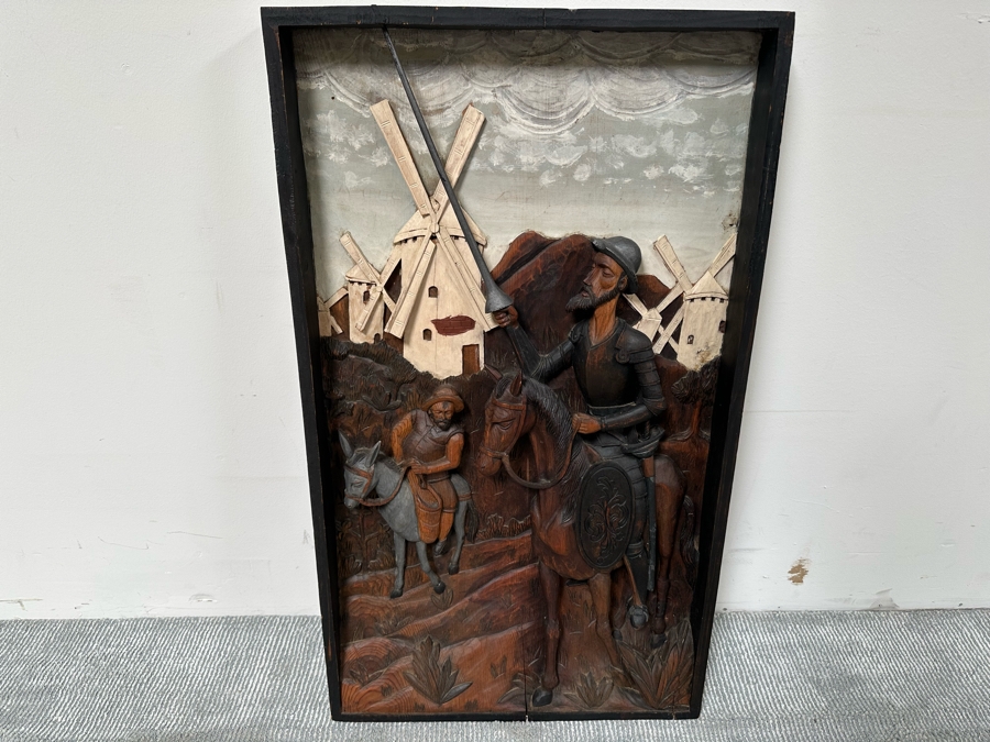 Original Relief Carved Wooden Wall Plaque Artwork Depicting Scene From Don Quixote 22W X 3D X 39H [Photo 3]