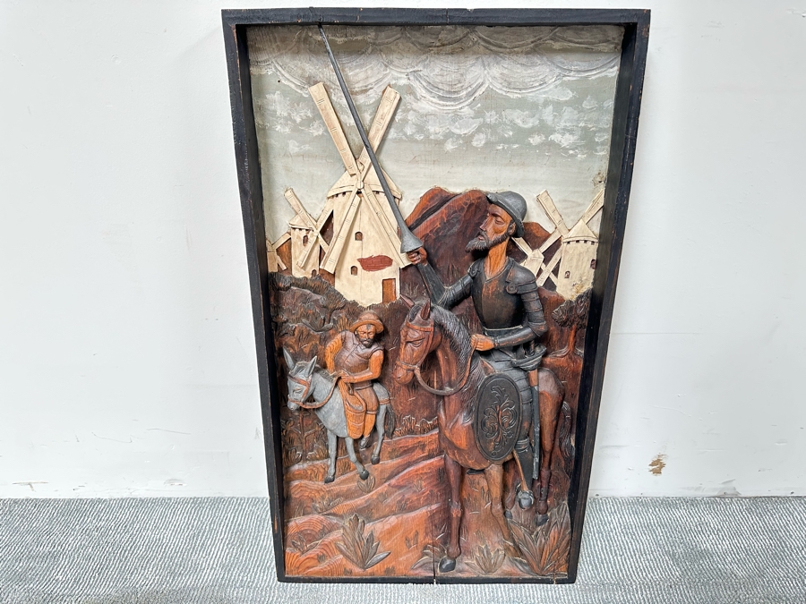 Original Relief Carved Wooden Wall Plaque Artwork Depicting Scene From Don Quixote 22W X 3D X 39H [Photo 2]