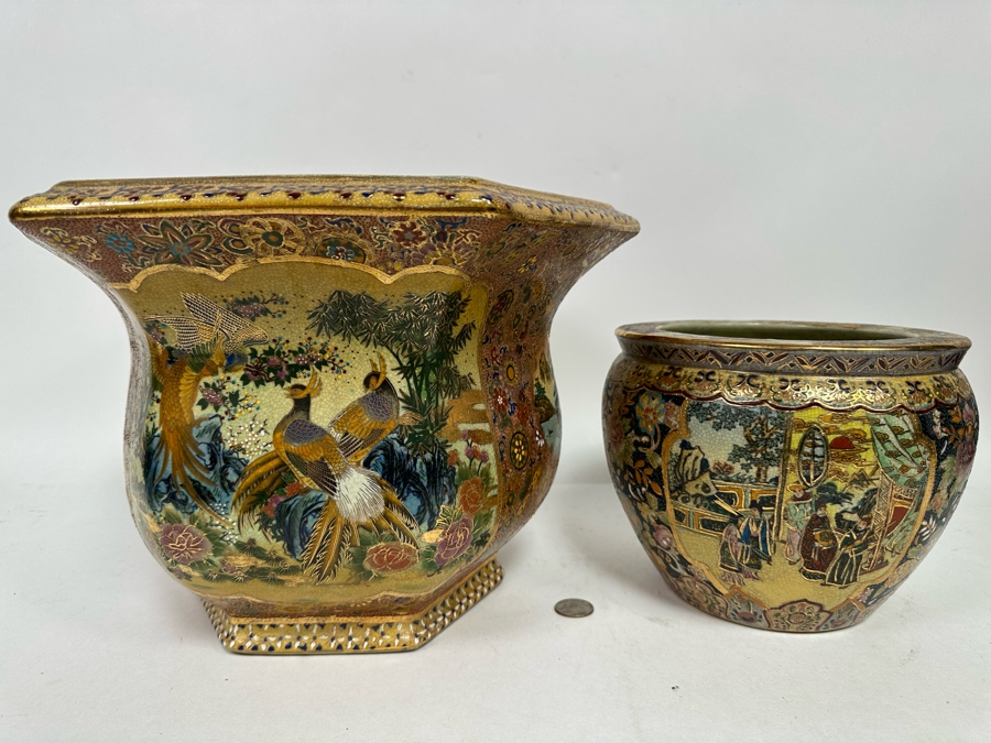 Pair Of Japanese Hand Painted Flower Pots 13.5W And 8W [Photo 2]