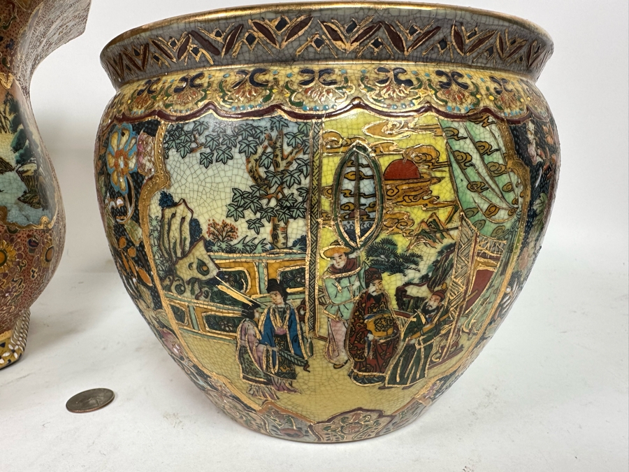 Pair Of Japanese Hand Painted Flower Pots 13.5W And 8W [Photo 10]