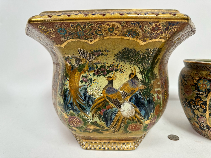 Pair Of Japanese Hand Painted Flower Pots 13.5W And 8W [Photo 3]