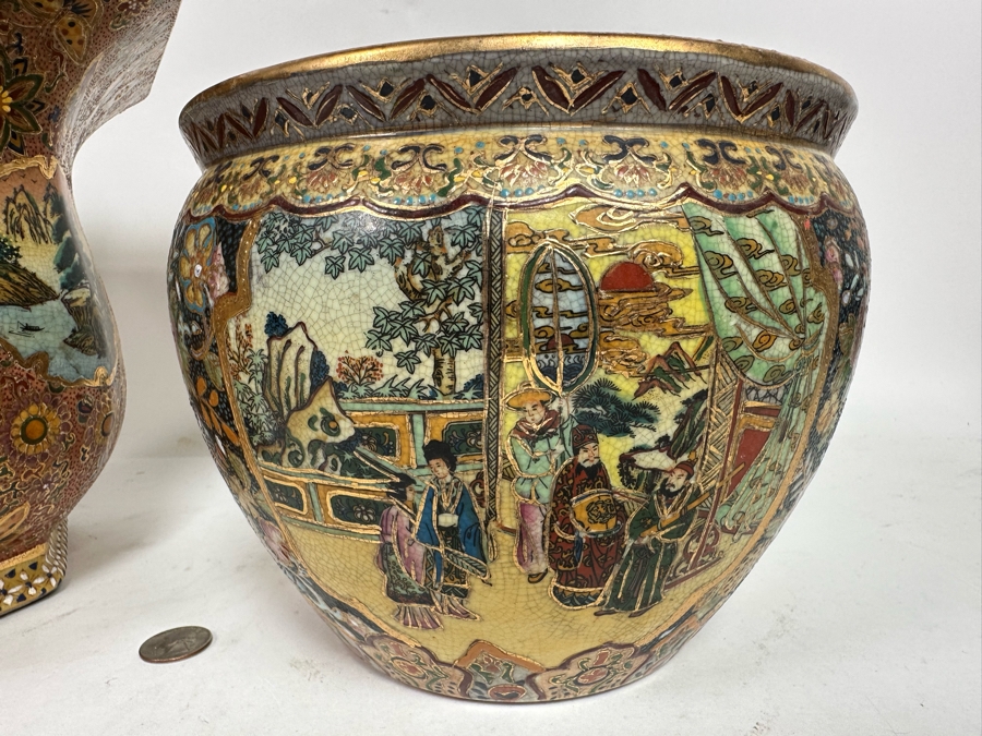 Pair Of Japanese Hand Painted Flower Pots 13.5W And 8W [Photo 13]