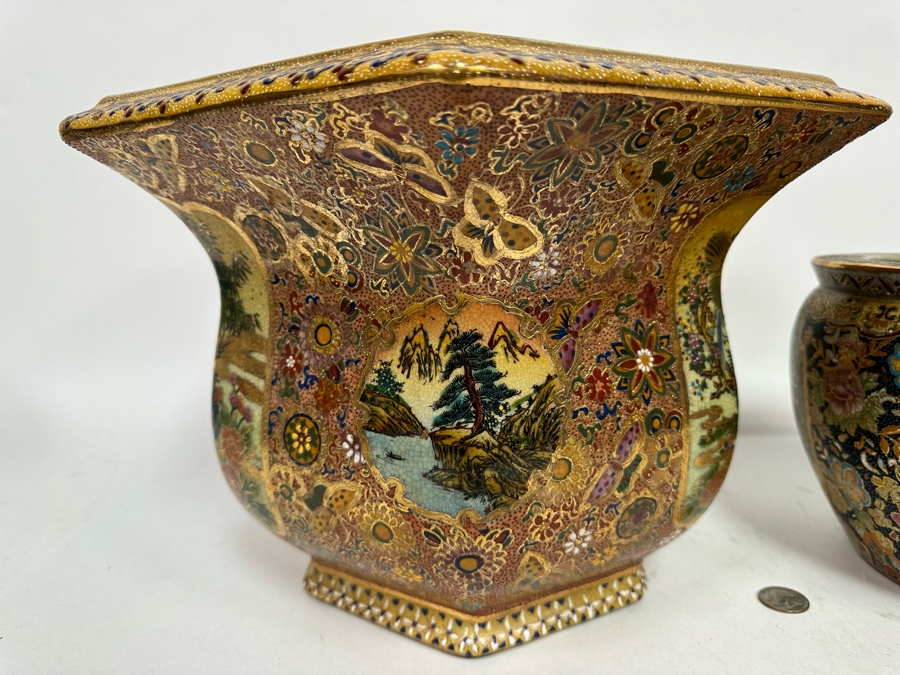 Pair Of Japanese Hand Painted Flower Pots 13.5W And 8W [Photo 4]