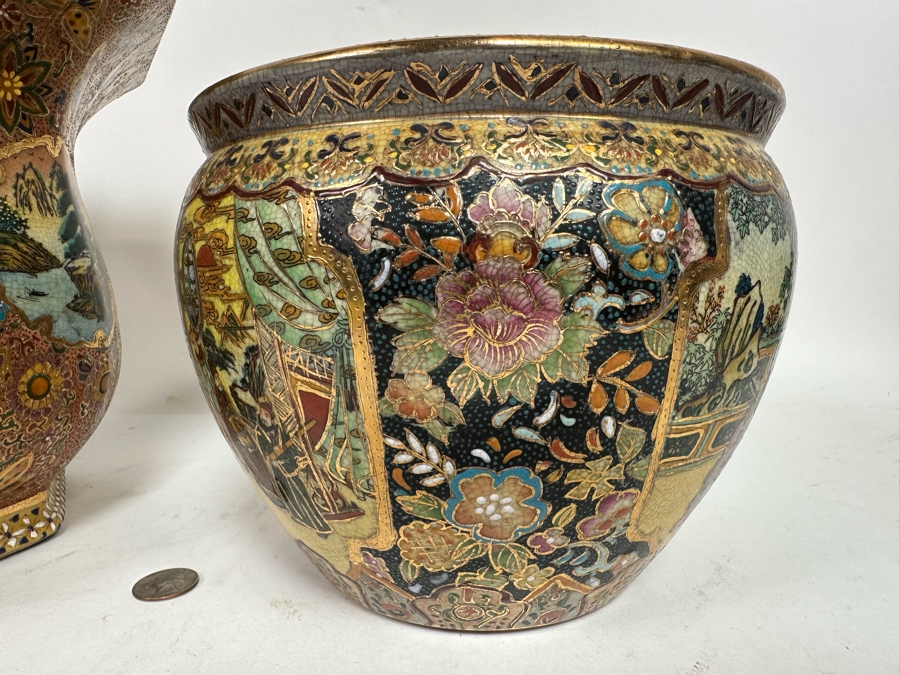 Pair Of Japanese Hand Painted Flower Pots 13.5W And 8W [Photo 12]