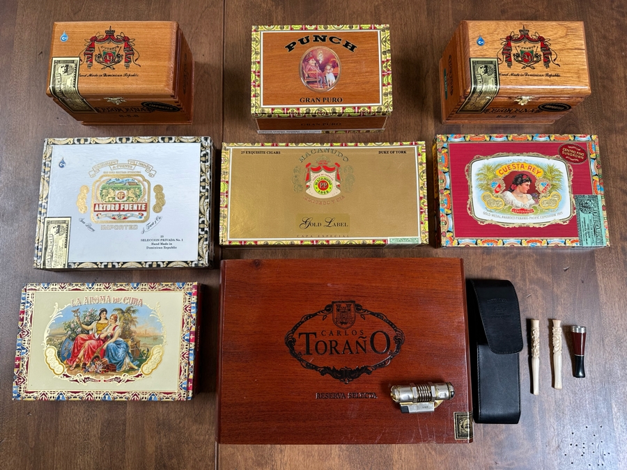 Collection Of Cigar Boxes, Lighter, Pipe Accessories [Photo 1]